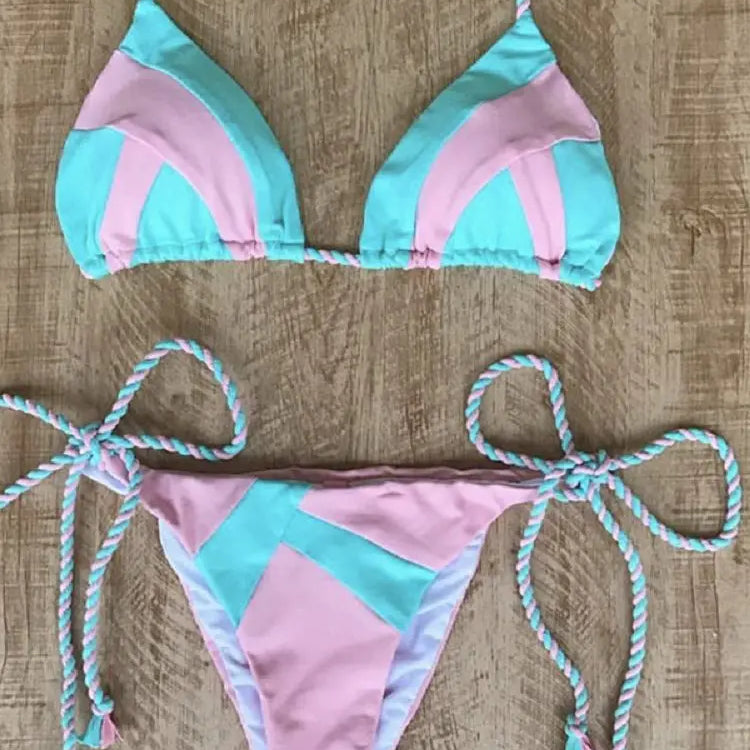 Sexy Halter Swimsuit Women Thong Micro Bikini Push Up 2023 Brazilian Bikini Tropical Plant Print Swimwear String Mini Swimsuit