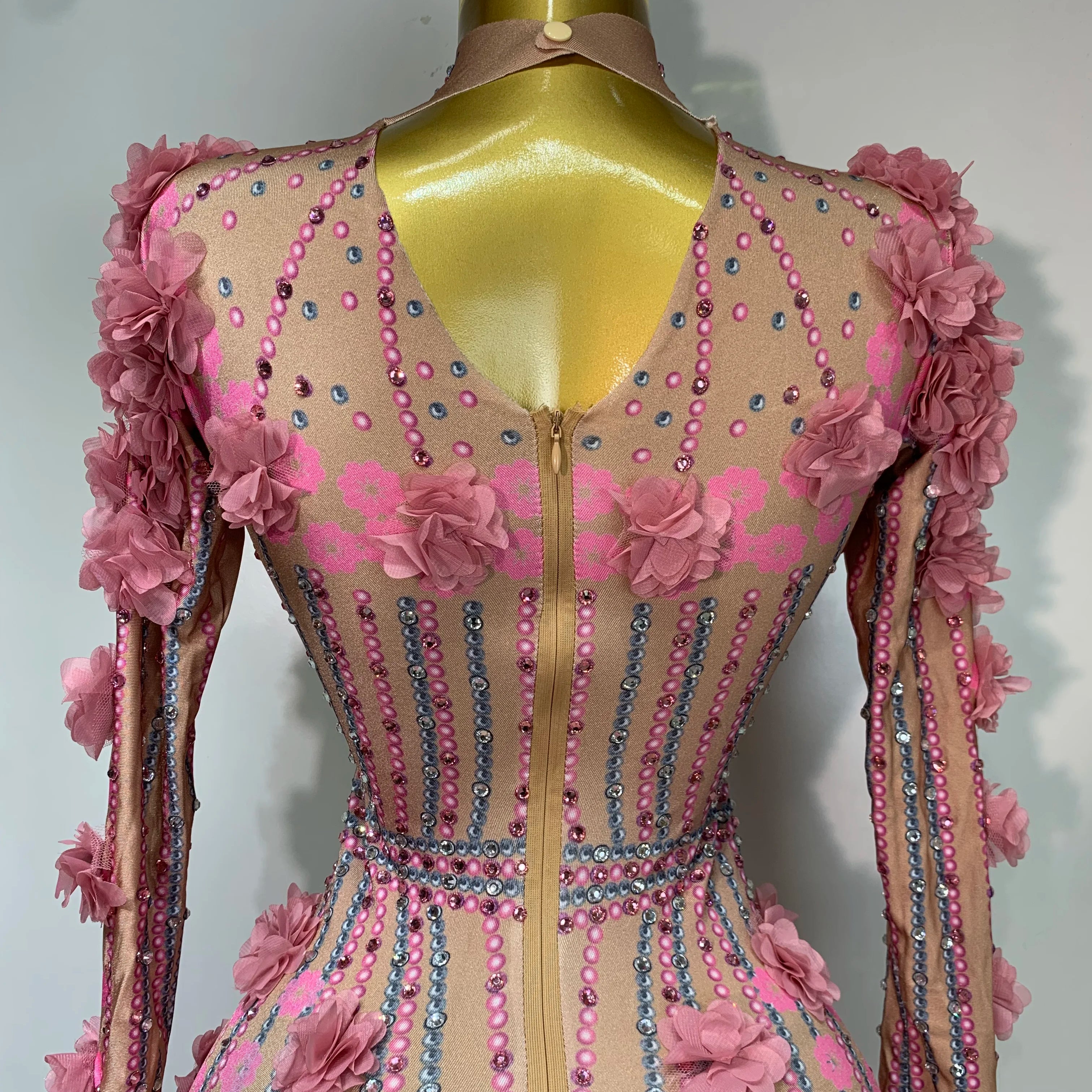 Sexy Skinny Rhinestones Flower Long Sleeve Bodycon Jumpsuit Women High Street Nightclub Birthday Performance Dance Stage Outfit