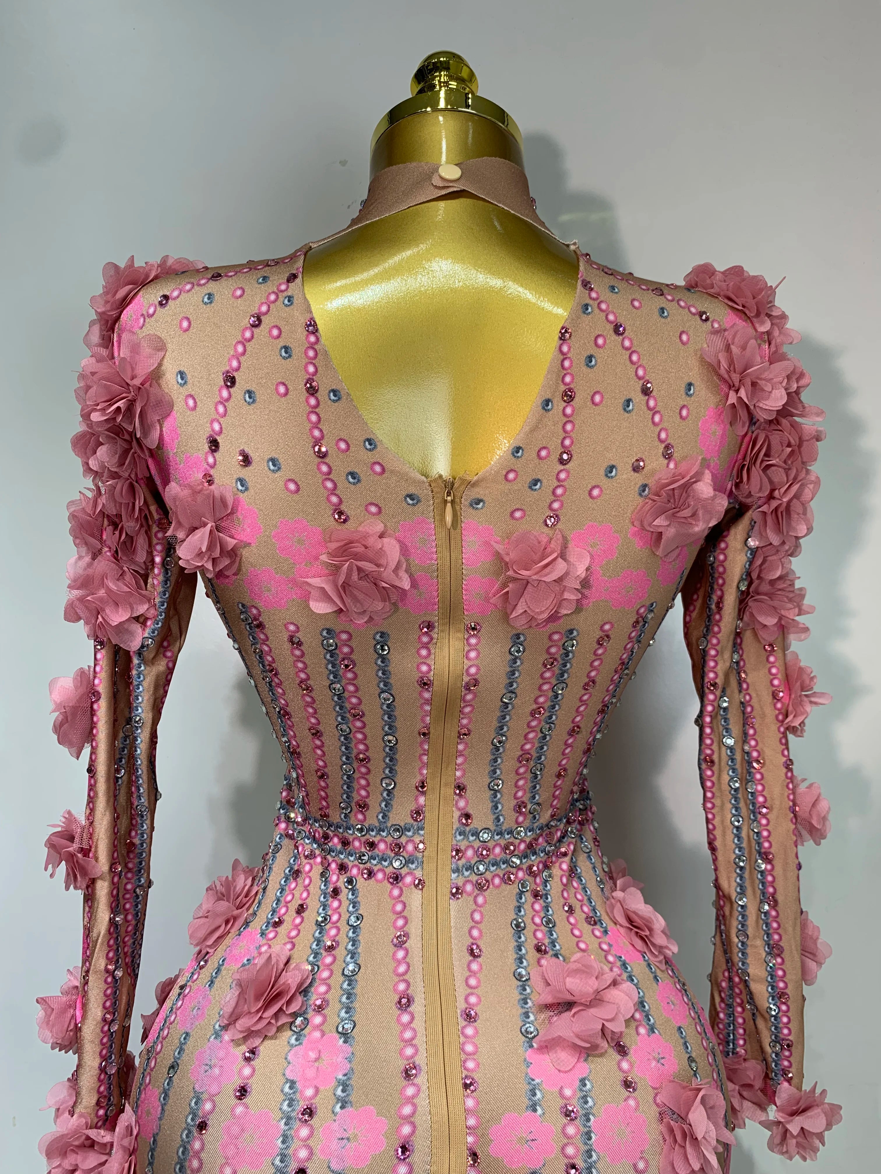 Sexy Skinny Rhinestones Flower Long Sleeve Bodycon Jumpsuit Women High Street Nightclub Birthday Performance Dance Stage Outfit