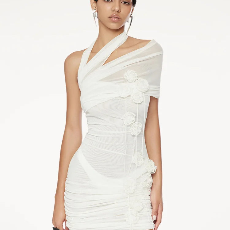 White Color Women Sexy Halter Florals Mesh See Through Bodycon Mini Dress Celebrate Fashion Nightlcub Party Outfit Wholesale