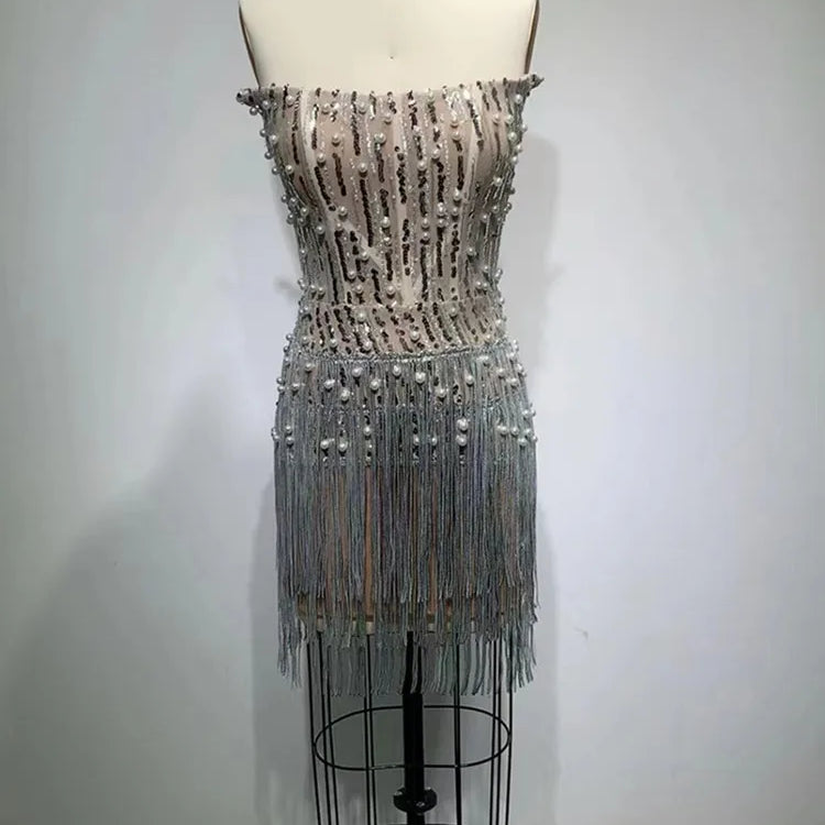 Shinning Rhinestones Peral Beading Sexy Bodycon Mini Dress Women Off the Shoulder Tassel Fashion Celebrate Birthday Party Dress