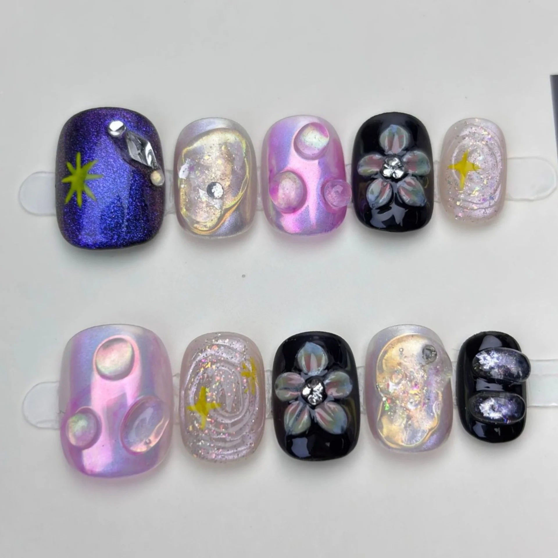 10pcs Short Square Round Handmade False Nails Art Aurora Dopamine Full Cover Nail Tip Reusable Flower Design Press on Fake Nails