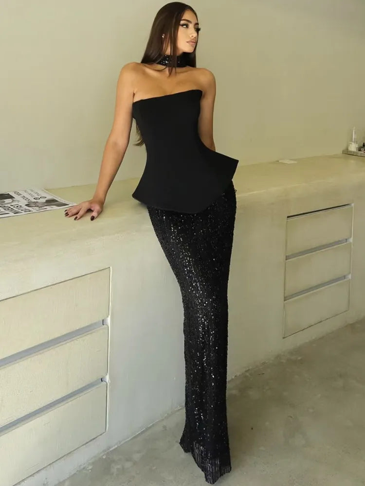 Sexy Strapless Backless Sequins Mesh Black Maxi Long Two Pieces Skirt Bandage Set 2025 Celebrity Designer Women's Set