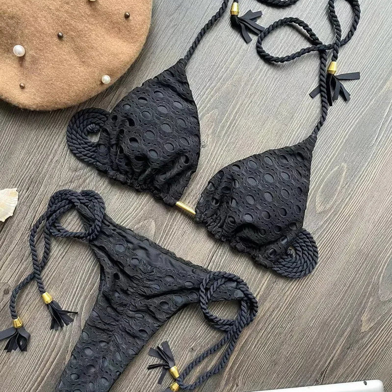 Para Praia Hollow Out Bandage Swimwear Halter Bikini Set Thong Swimsuit Women Biquini Brazilian Bathing Suit Beachwear 8284