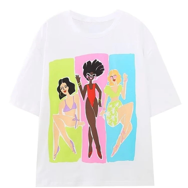 Women Fashion Contrast Color Girls Print Casual T Shirt Female Basic O Neck Short Sleeve Chic Leisure Tops T3069