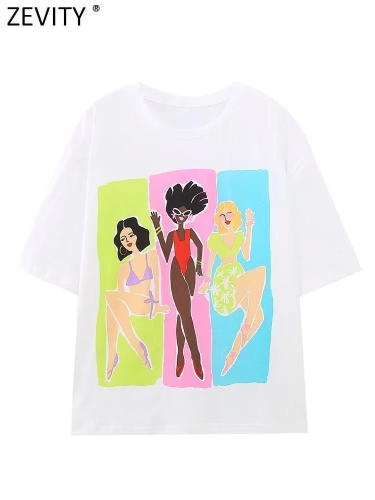 Women Fashion Contrast Color Girls Print Casual T Shirt Female Basic O Neck Short Sleeve Chic Leisure Tops T3069