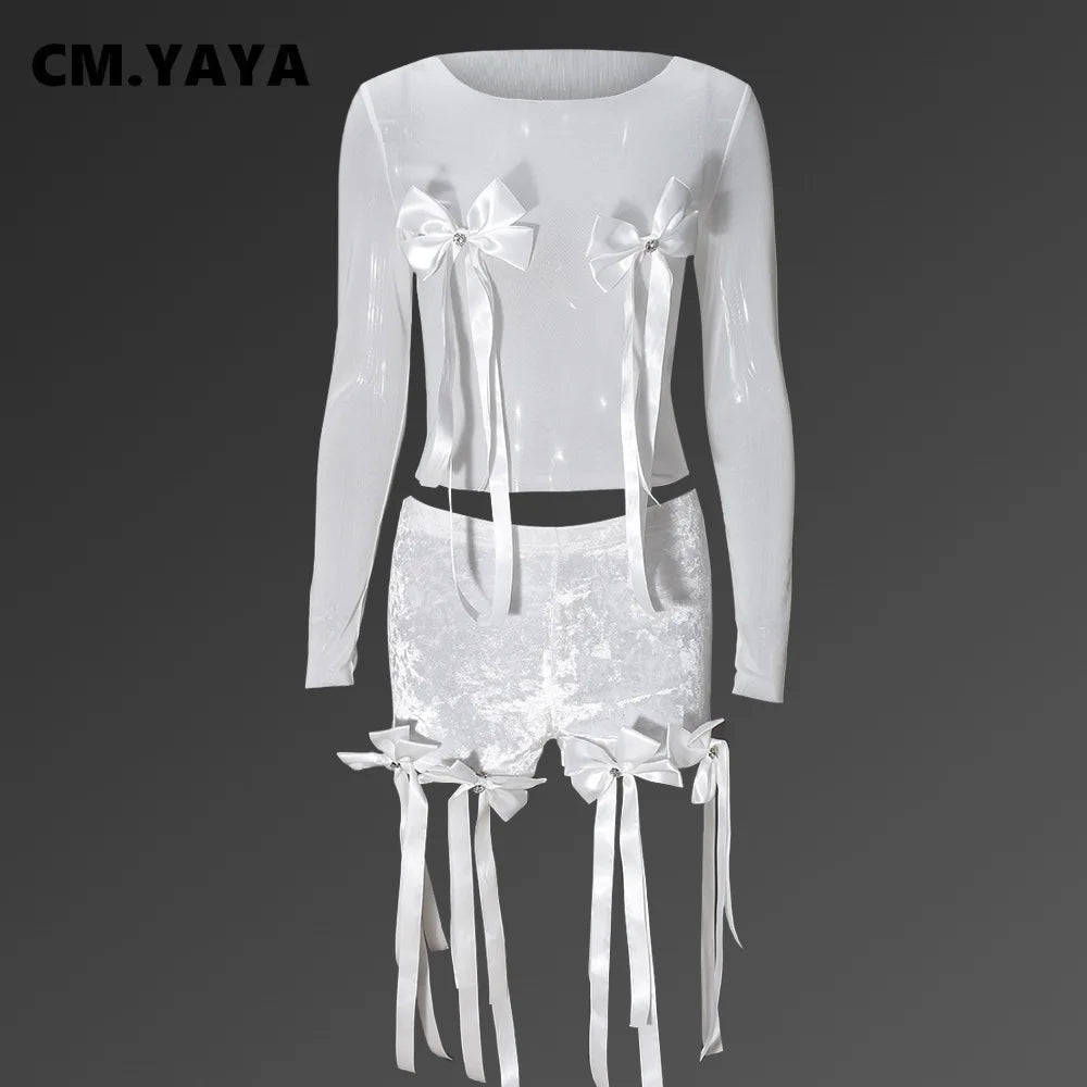 CM.YAYA Women's Set Bow O-Neck Mesh Long Sleeve Tops + Velvet Shorts Suits Streetwear Sexy Two 2 Piece Outfits Tracksuits Summer