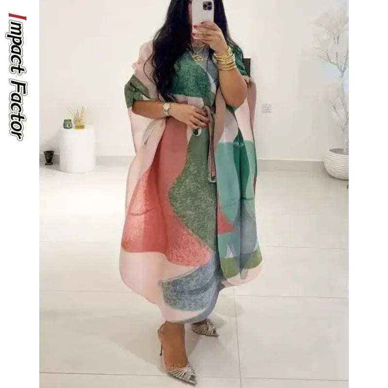 Pleated Shawl Dress Autumn/Summer O-Neck Loose Design A-line Dress Fashionable Long Women's Wear