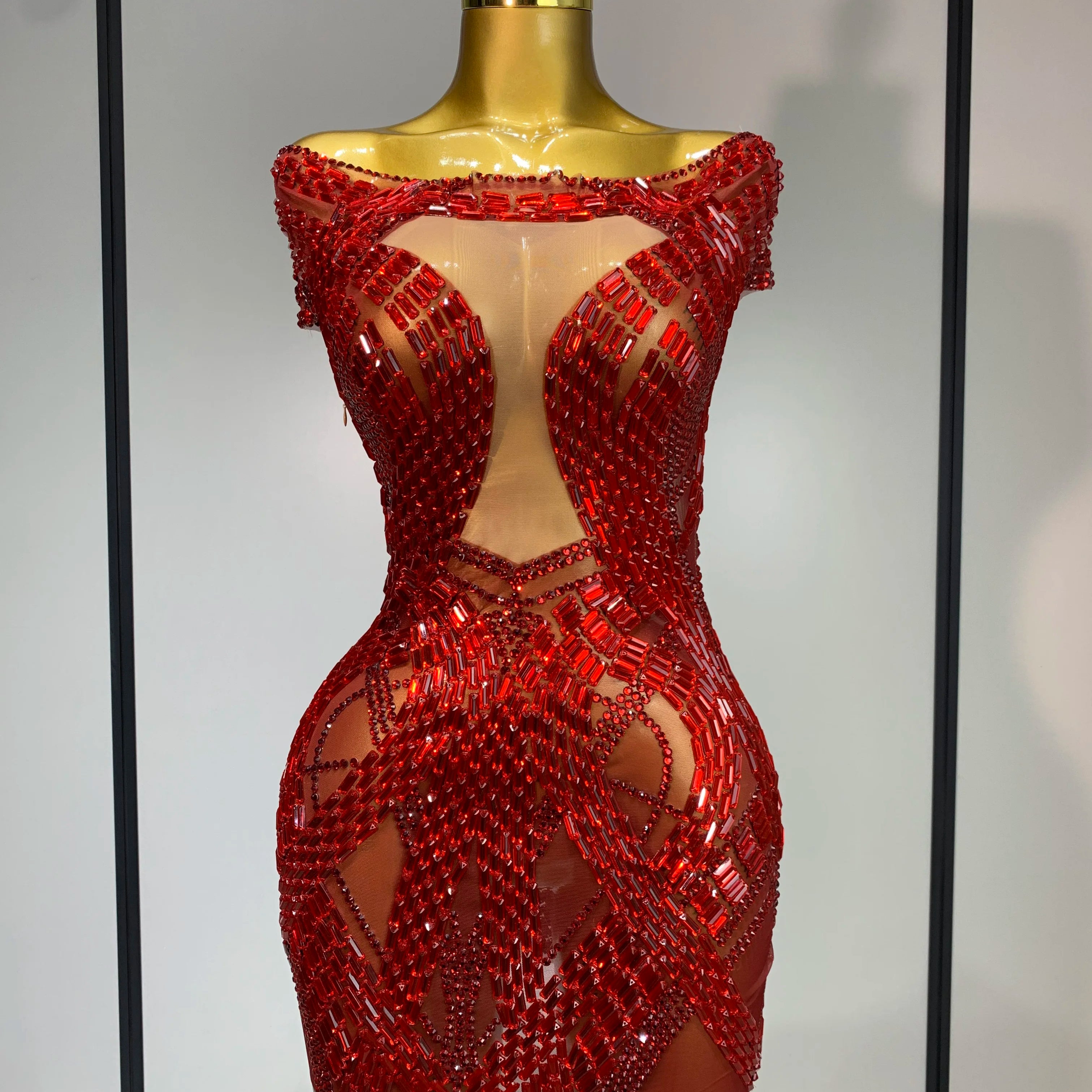 Luxury Rhinestones Sexy Mesh See Through Mini Dress Women Celebrate  Birthday Evening Party Dress Stage Performance  Costume