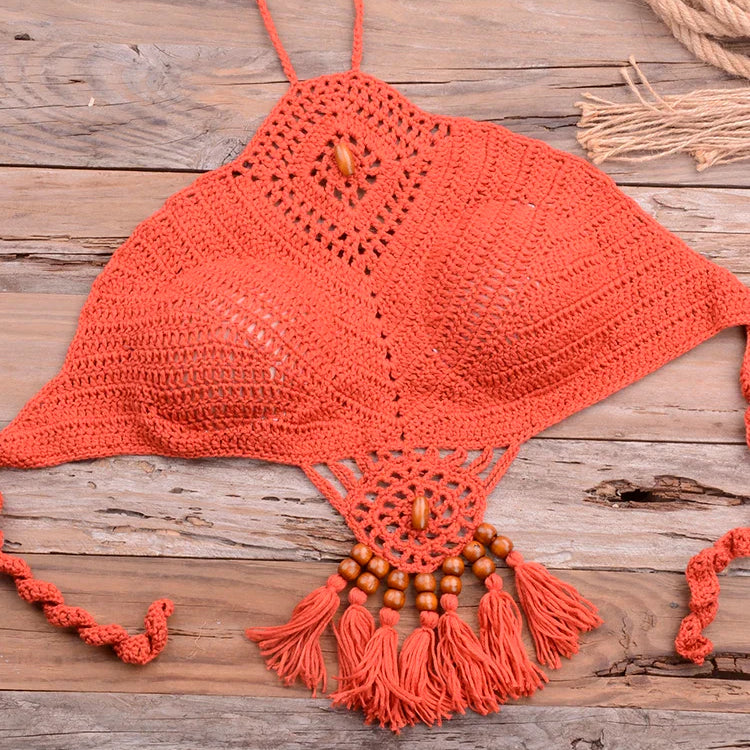 Bikini 2022 knitting Swimsuit Crochet Bikini Bohemia Style Off Shoulder High Neck Bathing Beach Bikinis Handmade Crochet Bikini Rusty Red Top