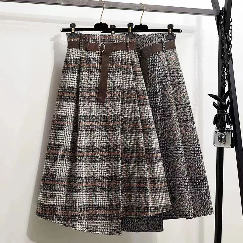 Autumn Winter Women's Long Skirts Elegant Streetwear Irregular Plaid Skirt Woman Fashion with Belt A-Line Skirts New