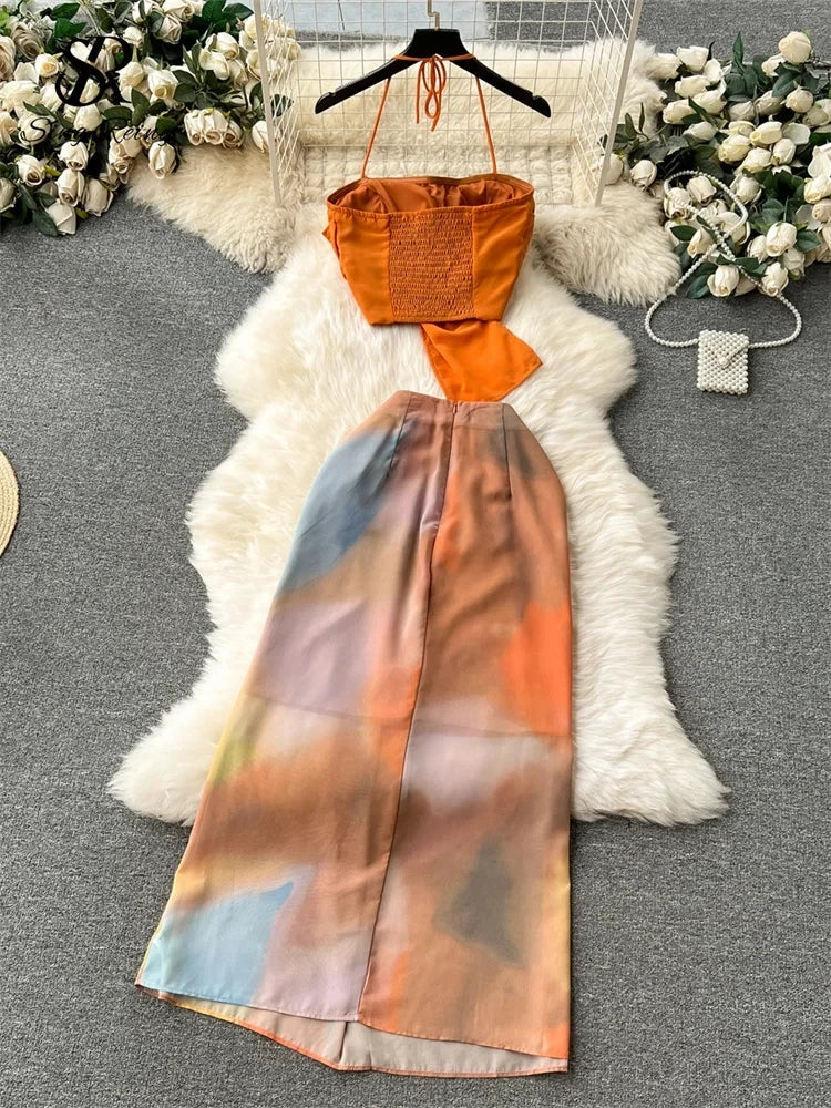 SINGREINY High Quality Holiday Suits Strapless Halter Strapless Top+Zipper Tie Dye Skirt Female Fashion Sexy Two Pieces Suit