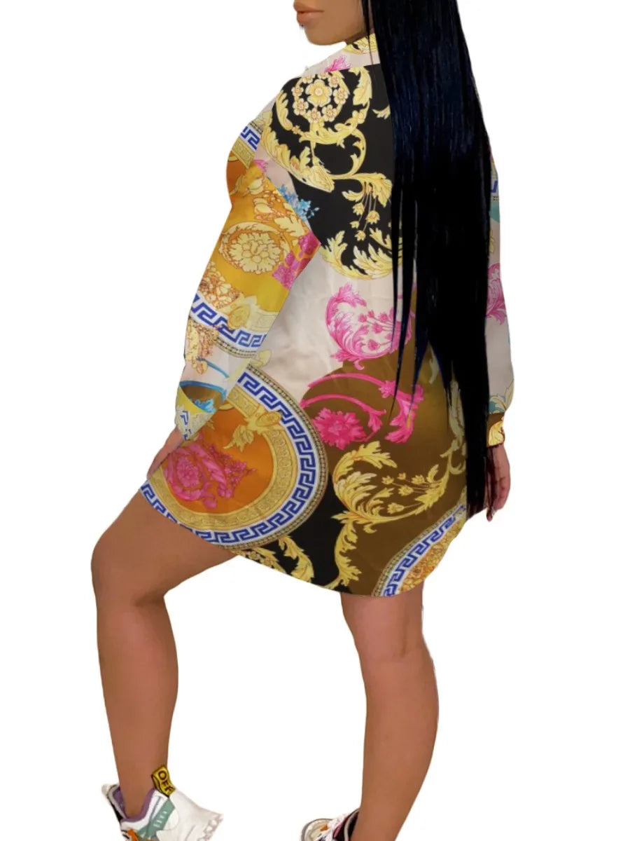 Plus Size dresses Mixed Print Shirt Dress Autumn Long Sleeve Shirt Dress Casual Loose Button Polo midi dress vestido