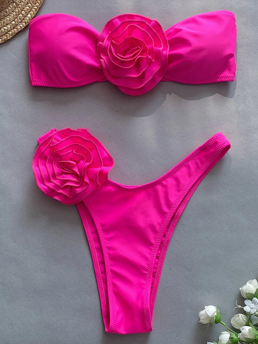 3D Flowers Brazilian Strapless Bandeau Bikini Female Swimsuit Women Swimwear Two-pieces Bikini Set High Cut Bathing Suit Swim B888Rose