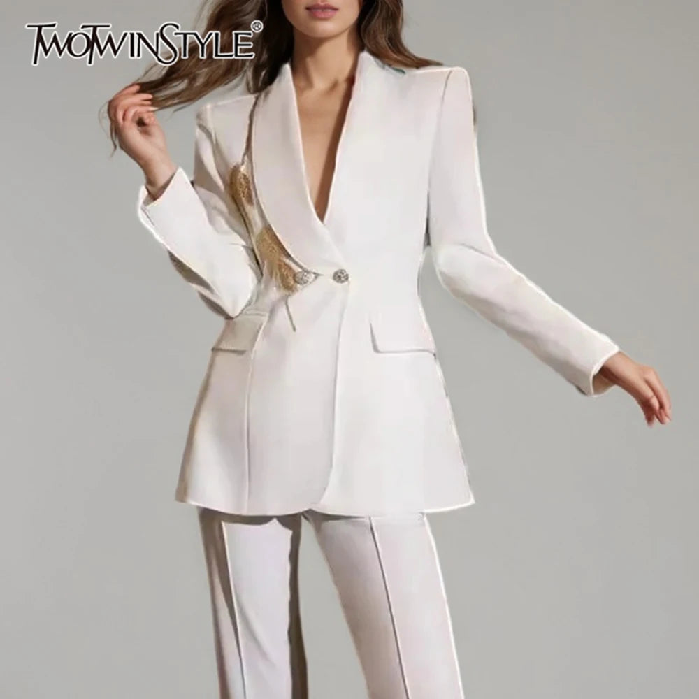 TWOTWINSTYLE Solid Slimming Two Piece Sets for Women Lapel Long Sleeve Patchwork Bead Top High Waist Pant Temperament Set Female