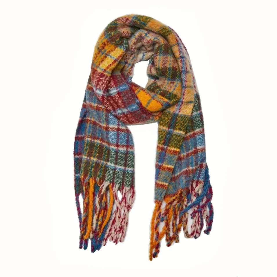 Women Winter Autumn Wool Scarf Rainbow Color England Plaid Student Warm Tassel Sweet Girls Pashmina Big Shawl colorful