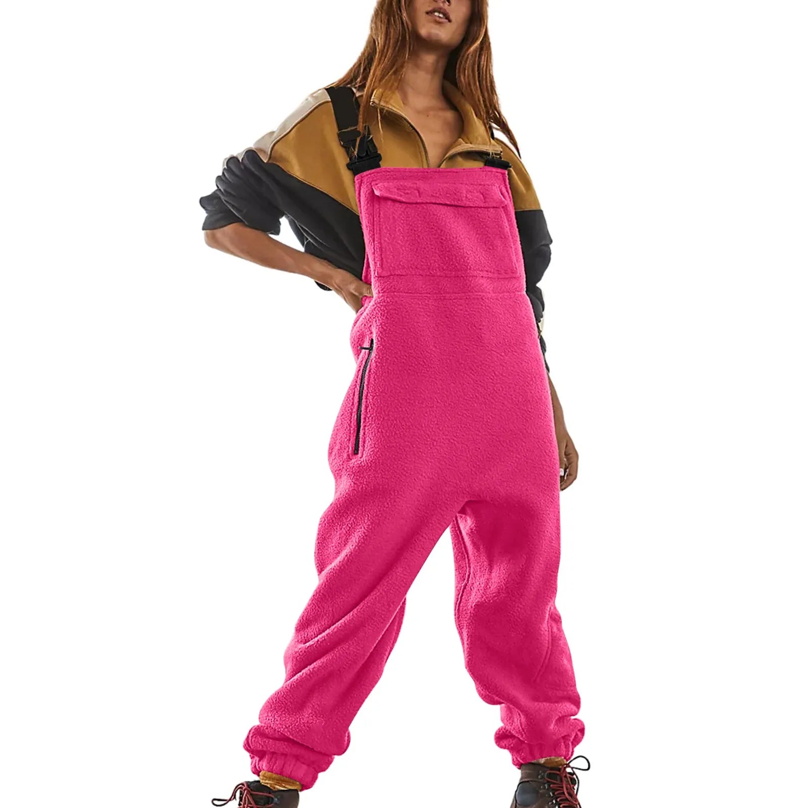 Womens Fleece Overalls One-piece Bibs Jumpsuits Adjustable Suspender Straps Warm Winter Fuzzy Ski Pants Hot Pink