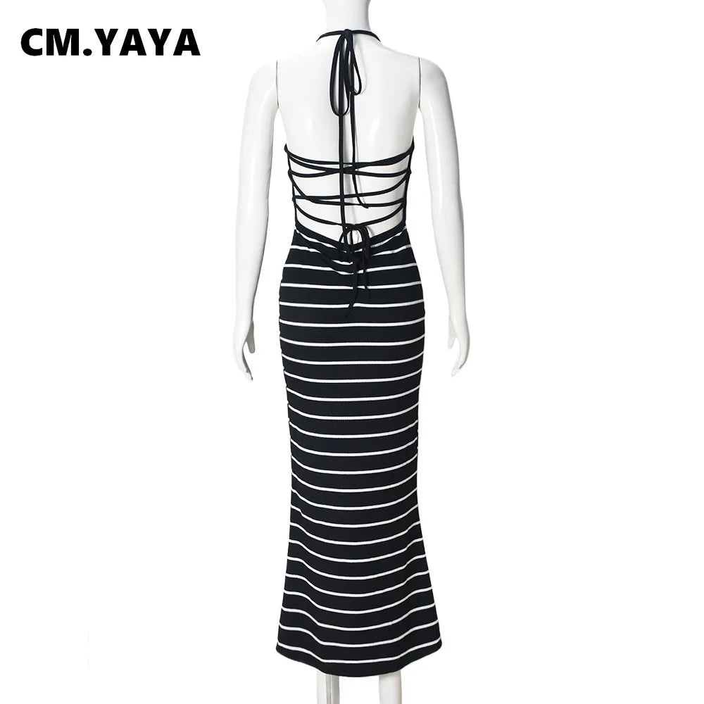 CM.YAYA Women Sleeveless O-neck Halter Backless Long Dress Summer Striped Print Evening Sexy Night Club Party Dresses Vestidos