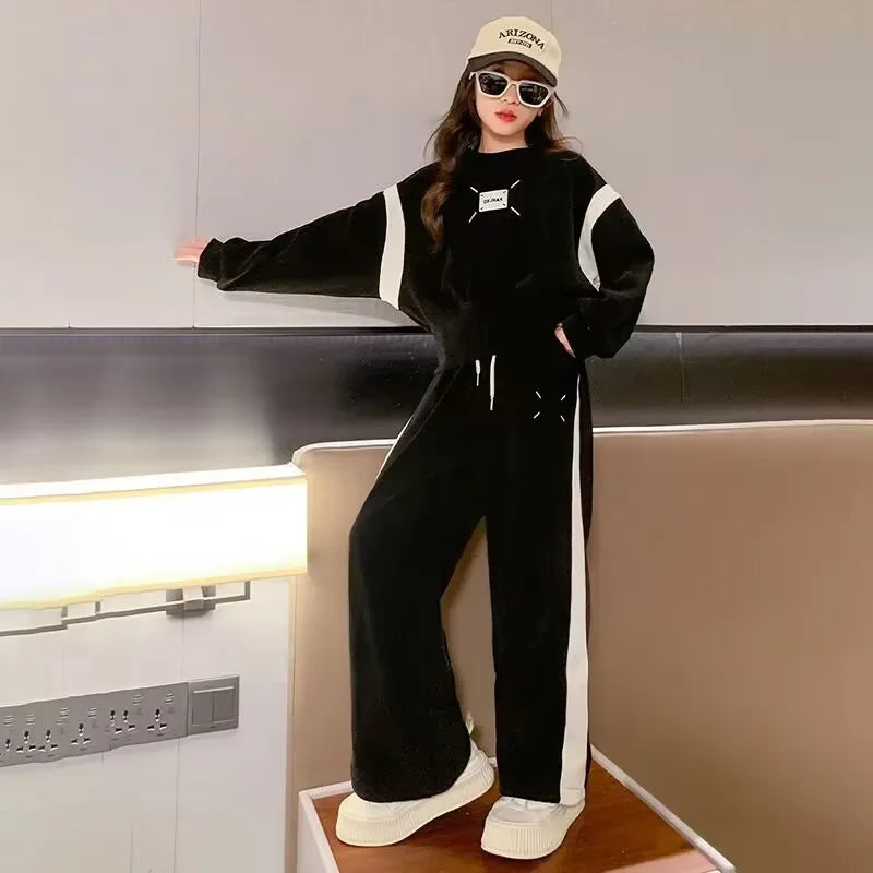 Autumn Fashion Kids Clothes Girls Suit Kids Long Sleeve Patchwork Pattern Sweatershirts Wide Leg Pants 2 Piece Set 6 to 16 Years black