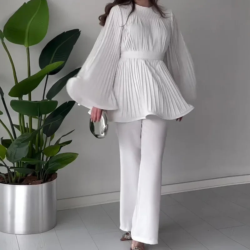 Loose Pleated Top Pants Women Belt Suit Elegant O-neck Long Batwing Sleeve Big Swing Top Wide Leg Pant 2 Piece Sets Outfit white