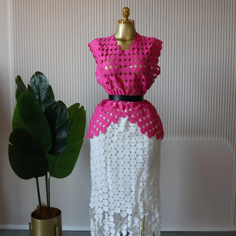 CM.YAYA Women Cutout O-neck Crop Top and Bodycon Midi Slim Maxi Long Skirt Suit 2025 Summer Vacation Sexy Two 2Piece Set Outfits Rose red-white-belt One Size