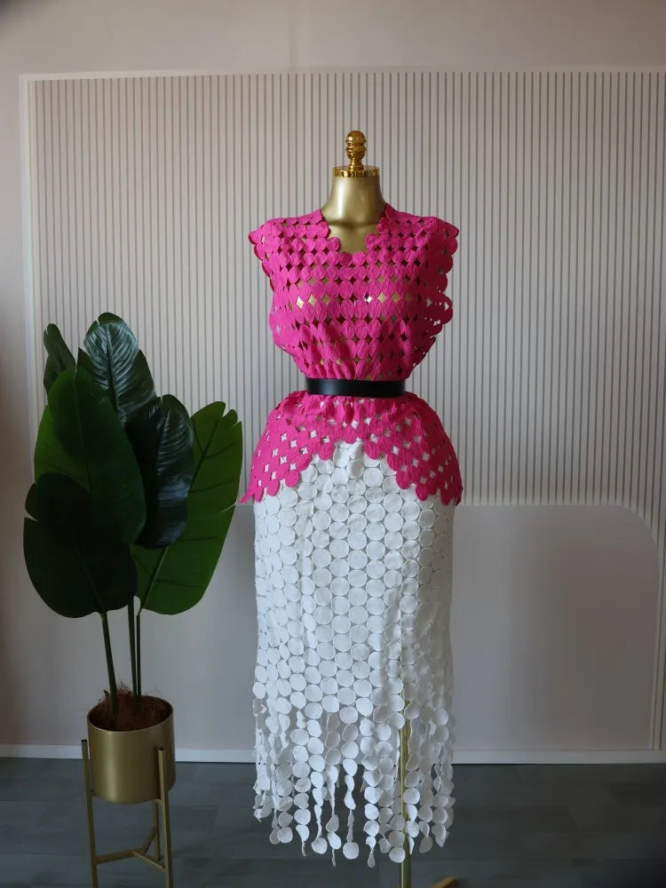 CM.YAYA Women Cutout O-neck Crop Top and Bodycon Midi Slim Maxi Long Skirt Suit 2025 Summer Vacation Sexy Two 2Piece Set Outfits Rose red-white-belt One Size