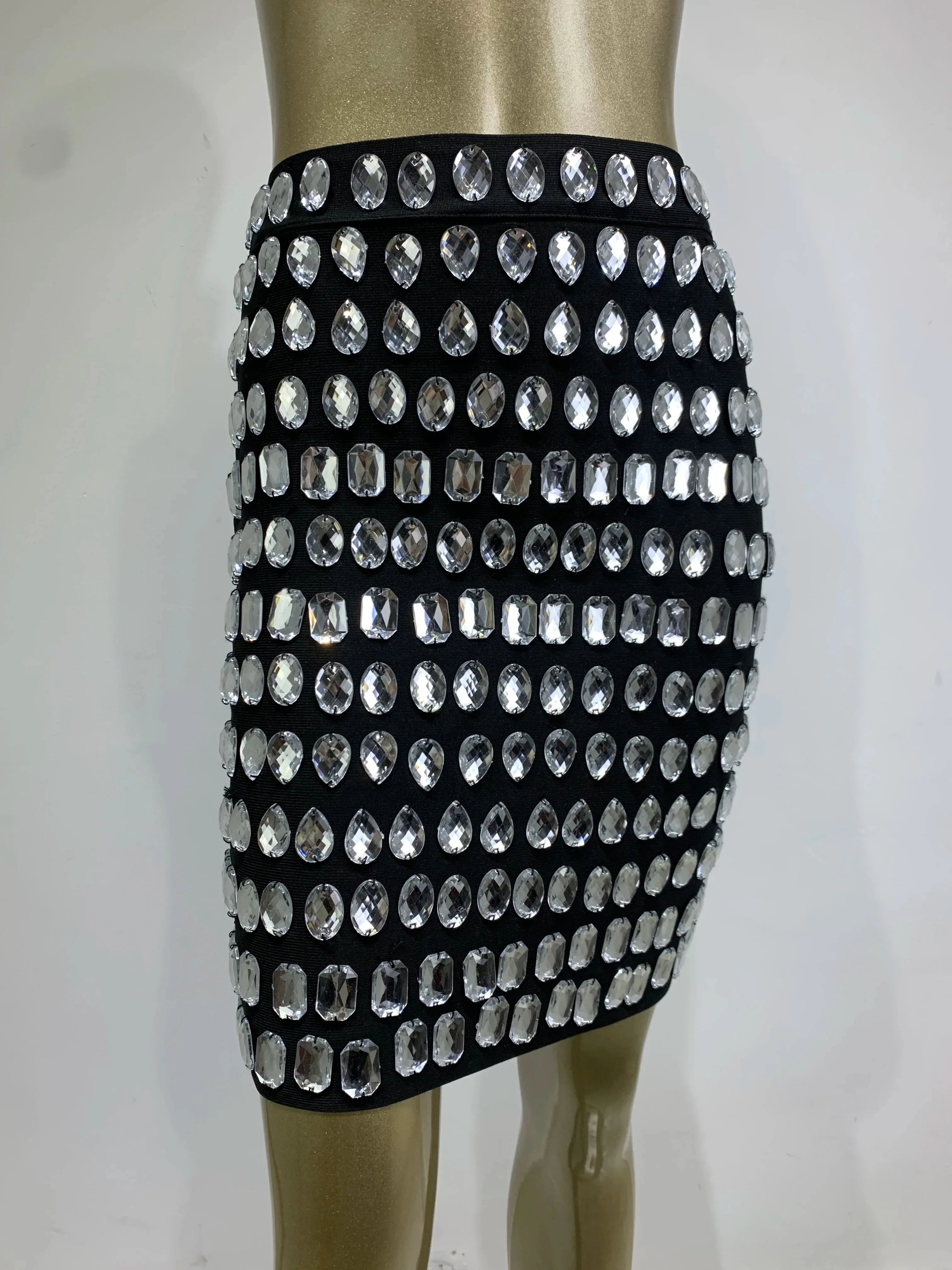 Women Celebrity Beading Rhinestone Black Mini Bodycon Bandage Skirt Designer High Waist Party Office Lady Elegant Skirt