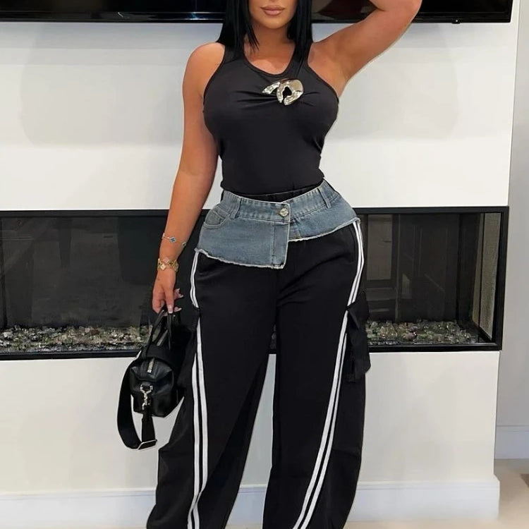 CM.YAYA Fashion Women Denim Patchwork Pocket Side Wide Leg Loose Jogger Pants 2024 Active Jean Splicing Sweatpants Trousers