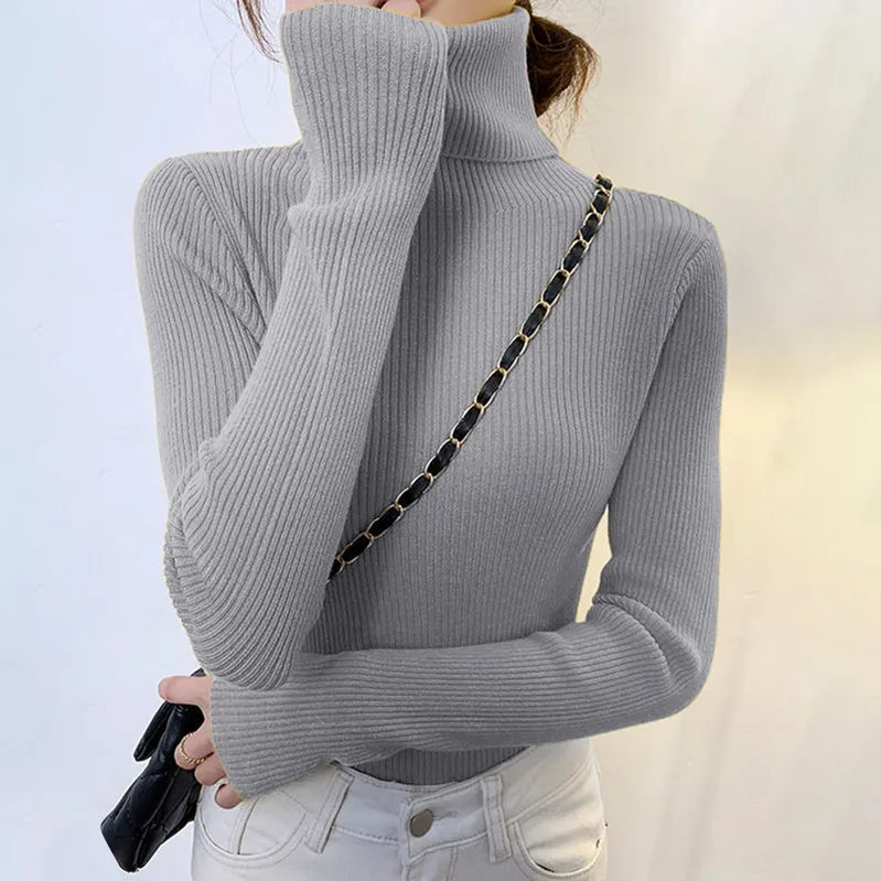 Winter Turtleneck Women's Sweater Knitted Pullover Soft Slim Long Sleeve Top Solid Color Basic High Neck Jumper Woman Clothing grey-High neck One Size(40-65kg)