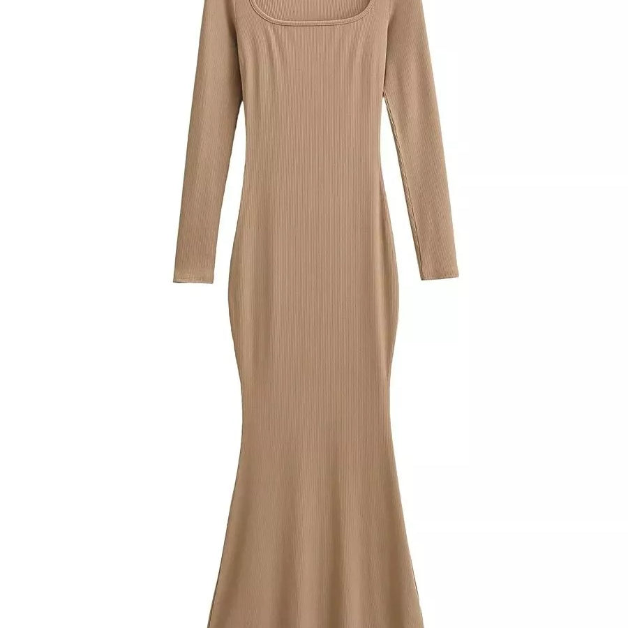 Sexy Square Collar Knitted Cotton Maxi Long Mermaid Dress Women Full Sleeve Stretch Basic Bodycon Fishtail Robe Vestido Khaki