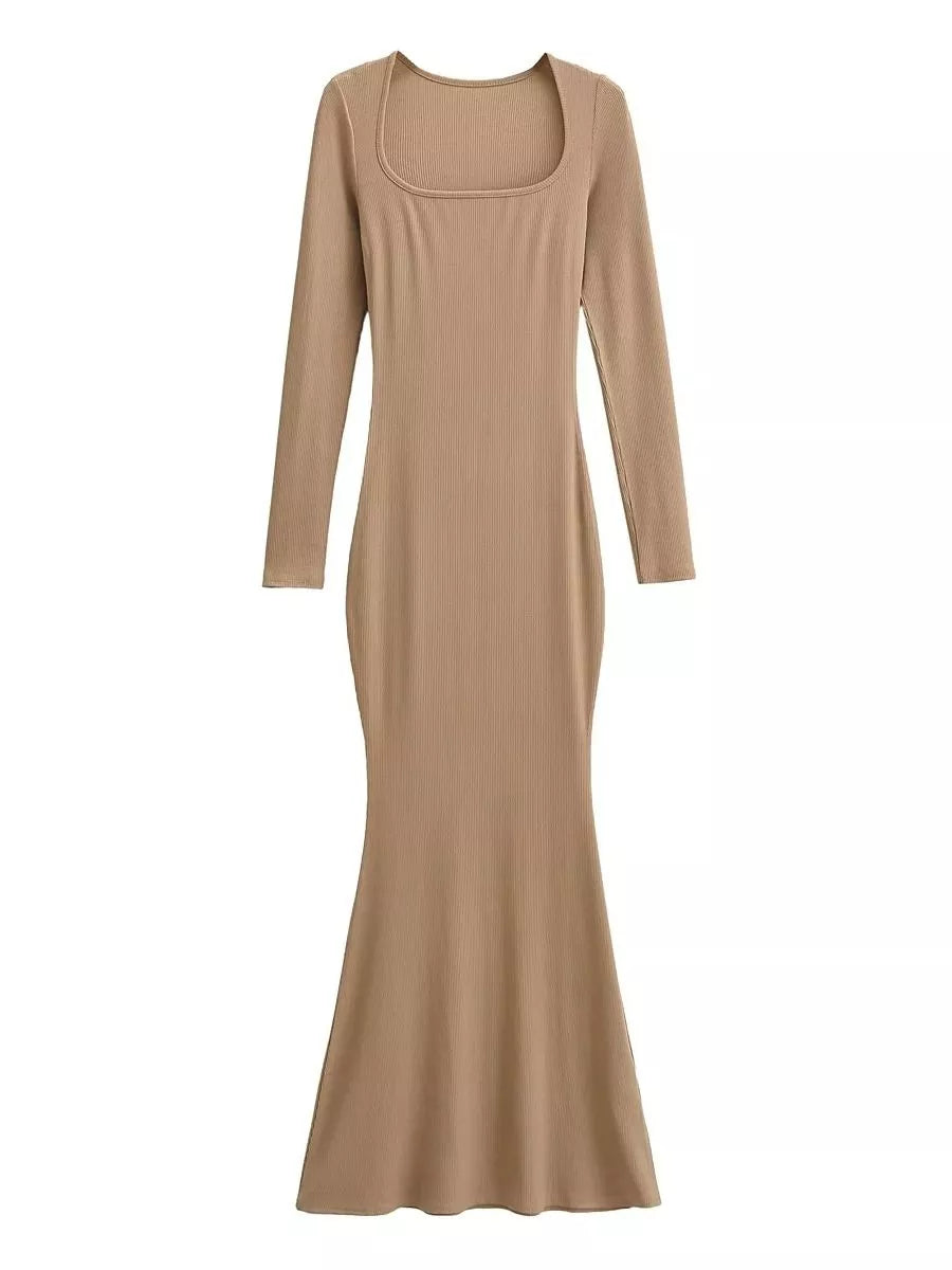 Sexy Square Collar Knitted Cotton Maxi Long Mermaid Dress Women Full Sleeve Stretch Basic Bodycon Fishtail Robe Vestido Khaki