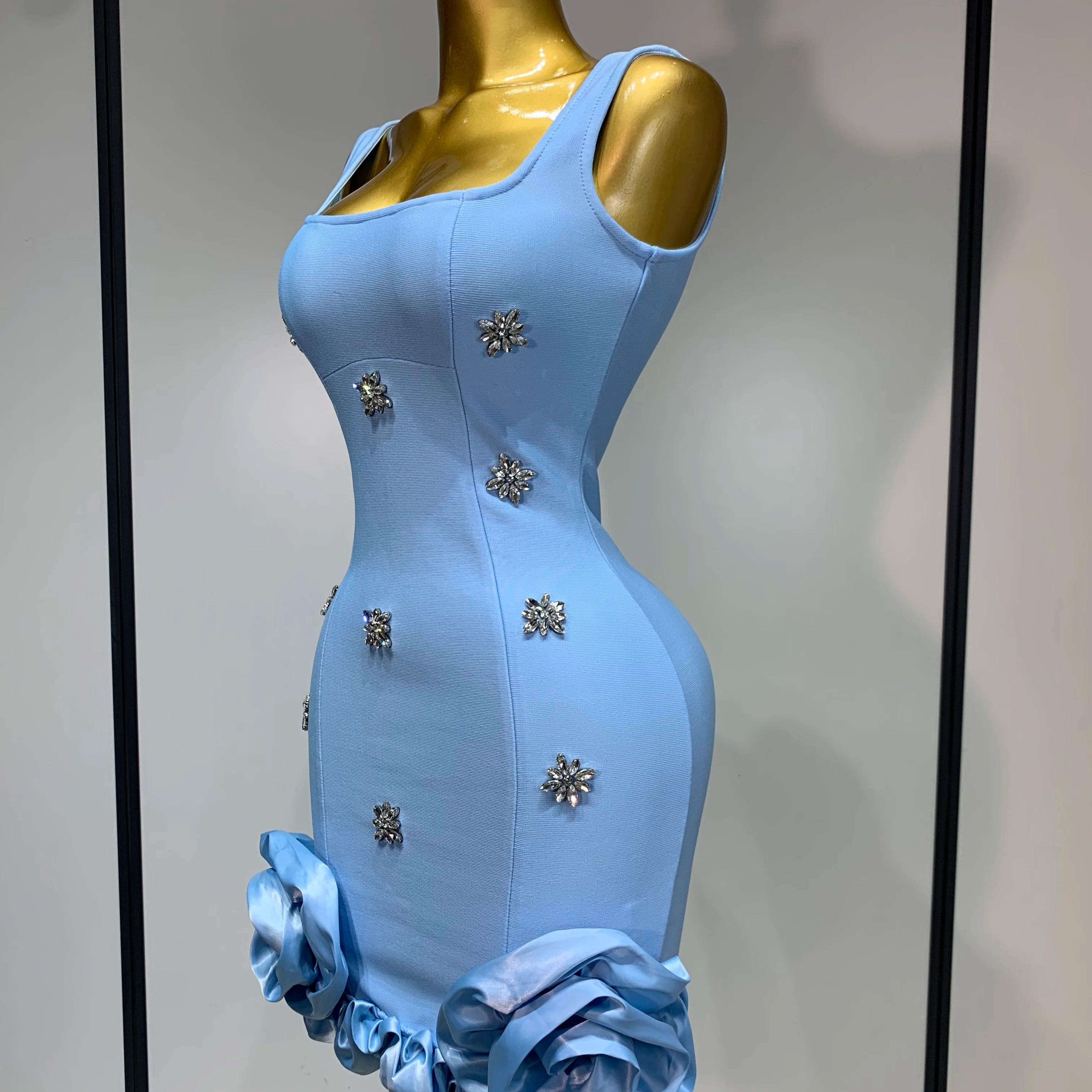 Women Sexy Square Collar Sparkly Rhinestone Bodycon Mini Bandage Dress Celebrate Evening Party Elegant Luxury Birthday Dress