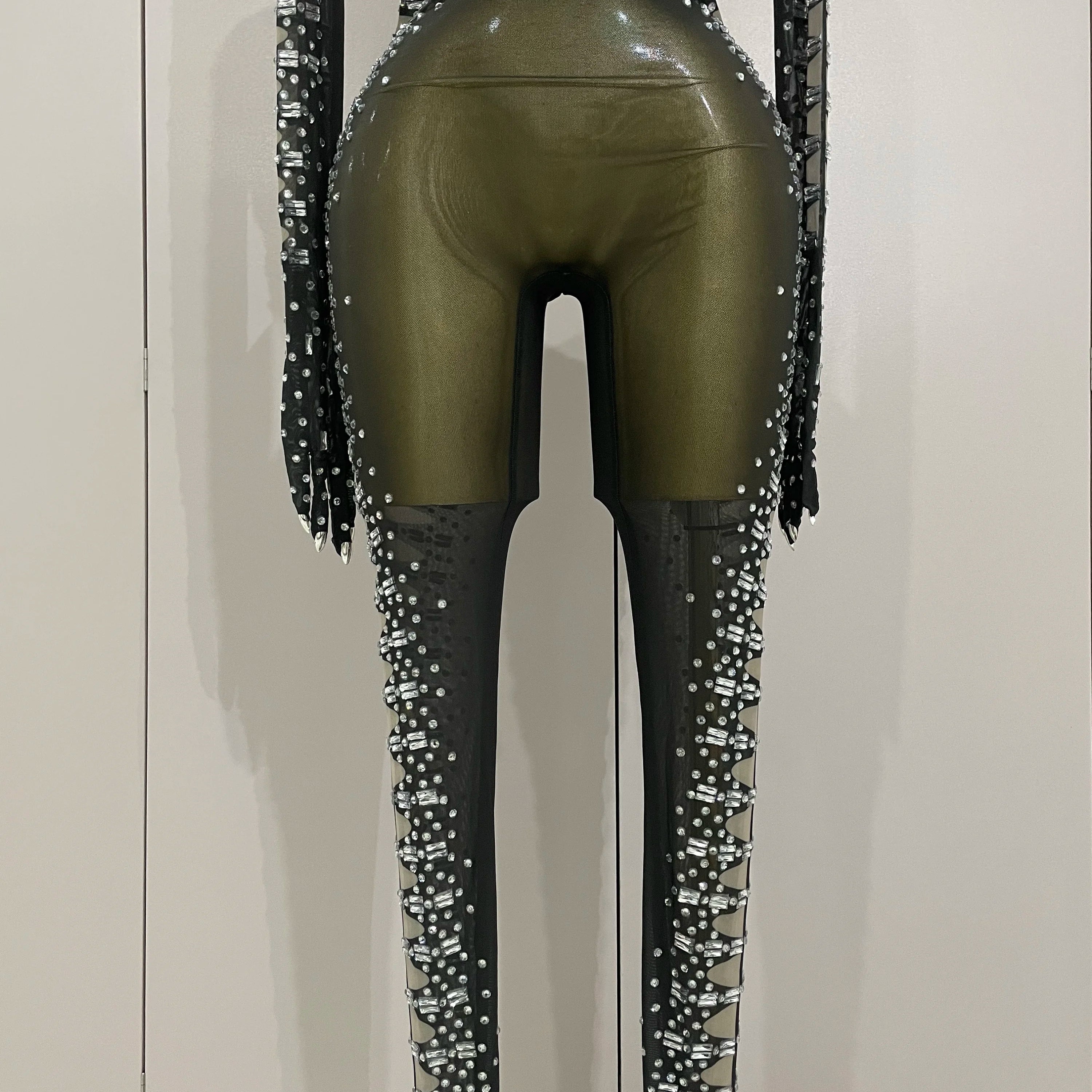 Sexy Sparkly Crystals Black Mesh Jumpsuit With Gloves 2025 Women Celebrate Birthday Party NightClub Singer Dance Stage Costumes