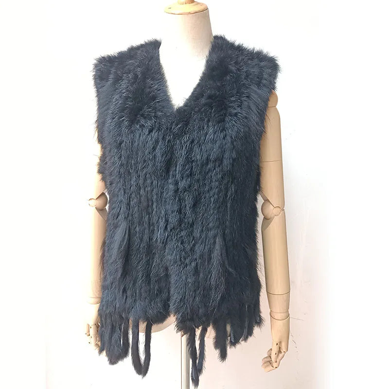 New Women Burgundy Knitted Real Fur vest with tassel V-neck fluffy Genuine Fur Gilet Hot Sale Natural Rabbit Waistcoat black