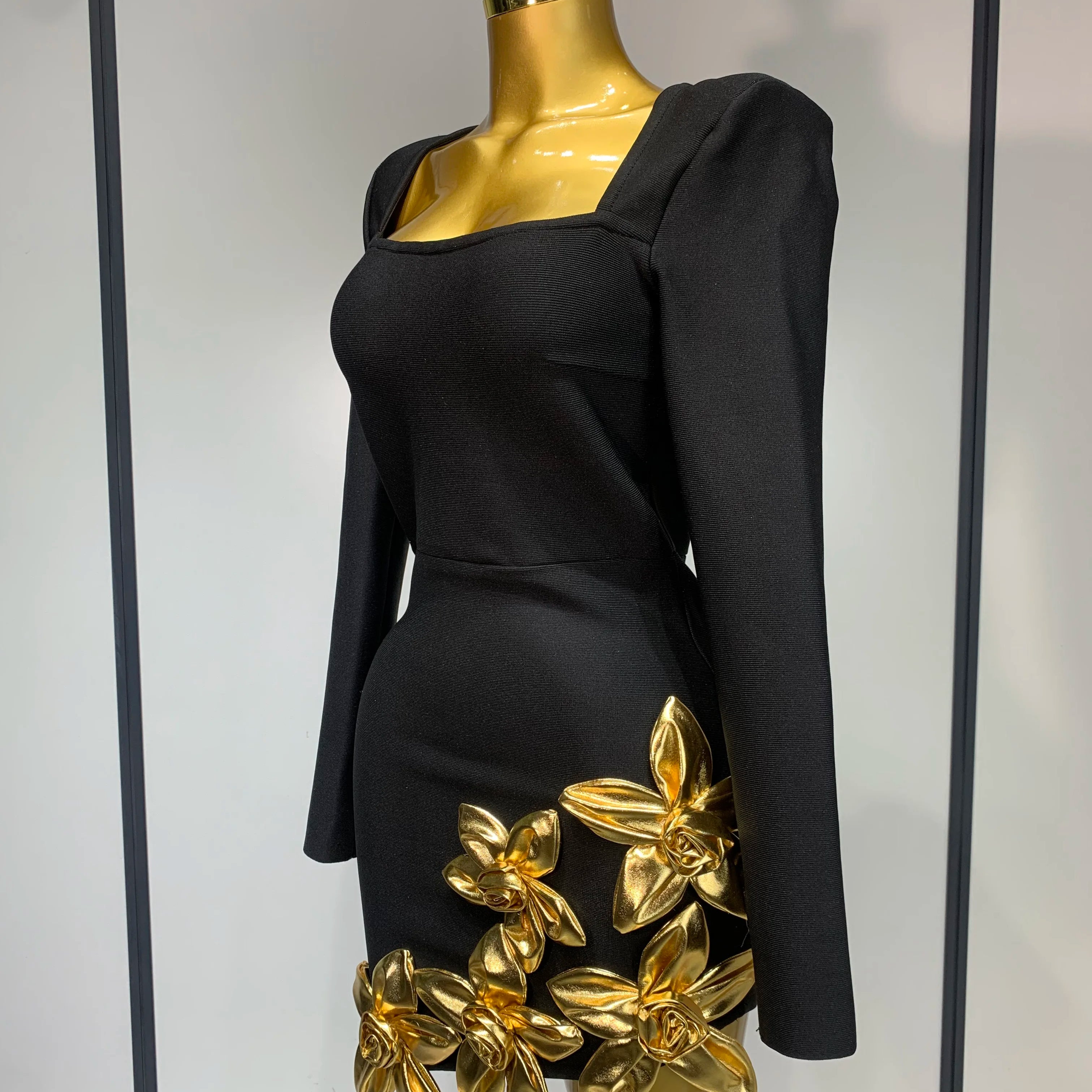 Women Long Sleeve Sexy Square Collar Gold Flower Bodycon Mini Bandage Dress Celebirty Elegant Nightclub Luxury Birthday Dresses