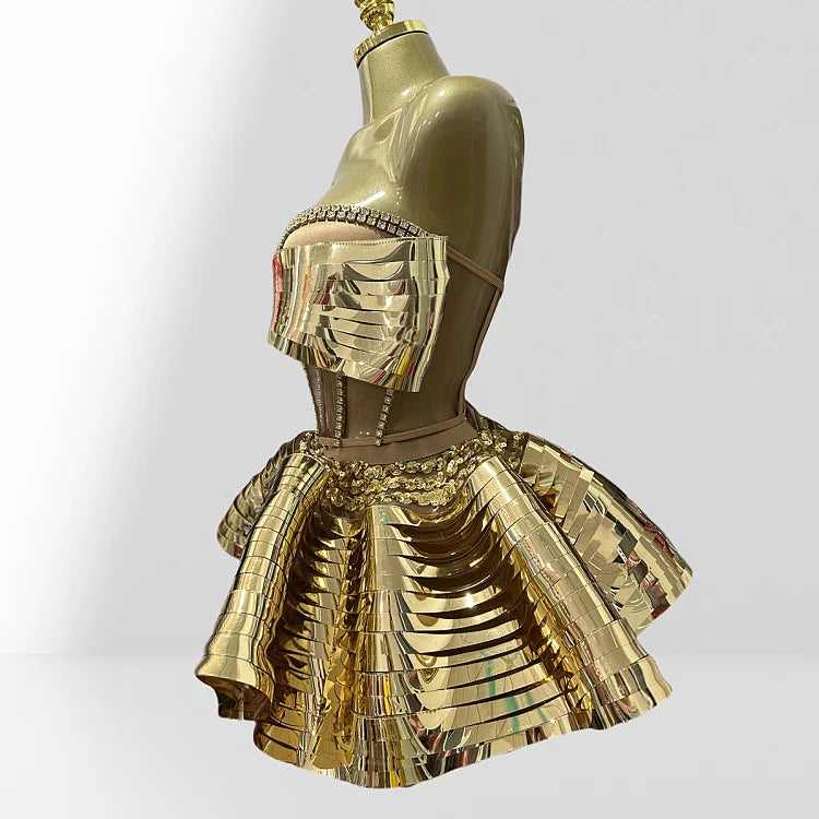 Mirror Surface Woman Party Set Stereoscopic Bows Strapless Tops And UFO Mini Skirt 2 Pieces Party Outfit Performance costume