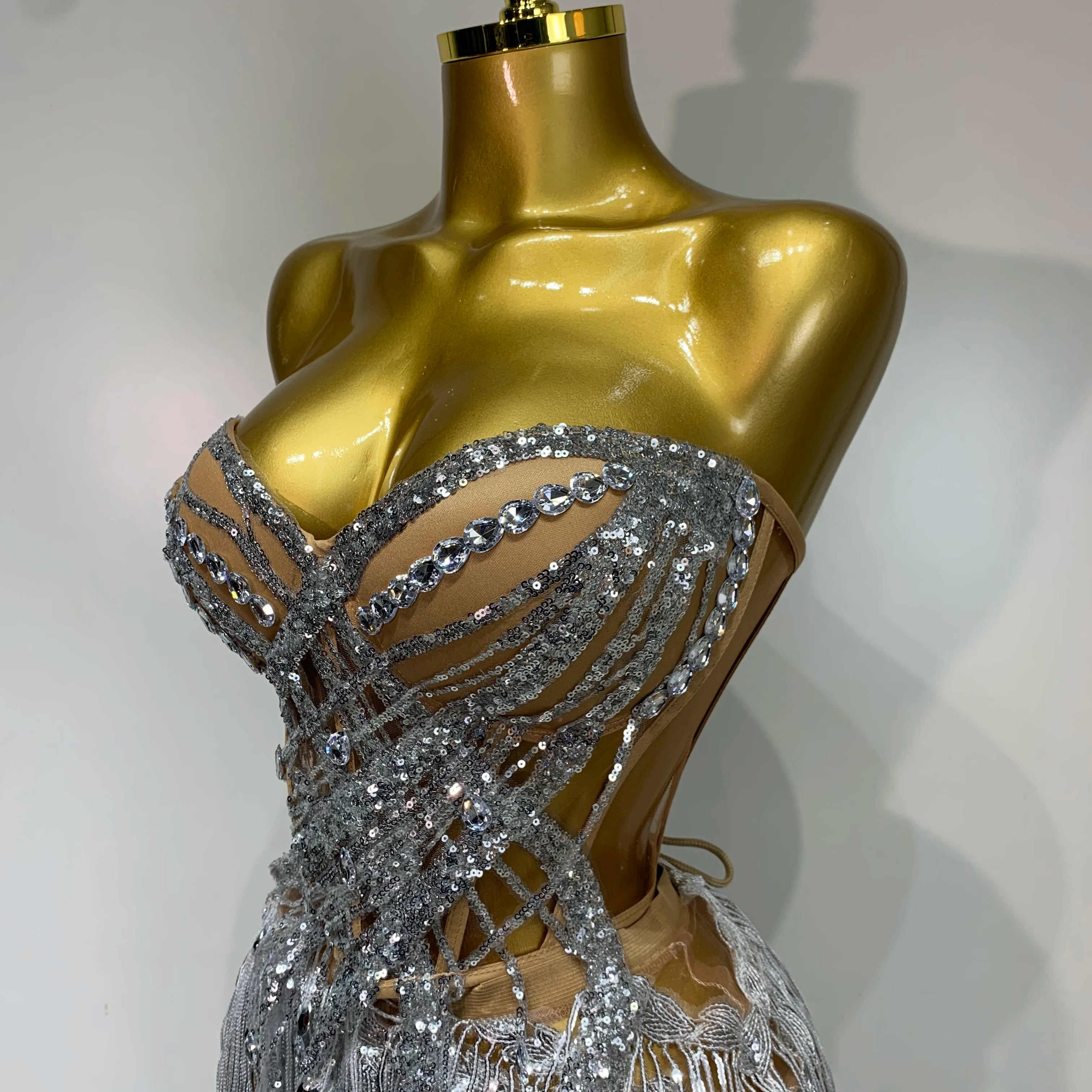 Women Sexy Singer Dancer Performan Costume Nightclub Bar Girl Sparkly Diamond Tassel Two Piece Set Evening Party Outfit