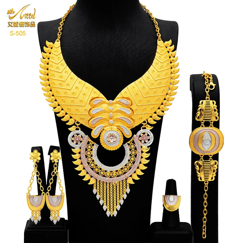 Indian Big Plated Gold Jewelry Women Necklace Sets Dubai African Party Bridal Wedding Gifts Arabic Necklace Jewelry Sets S-505