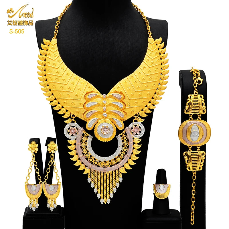 Indian Big Plated Gold Jewelry Women Necklace Sets Dubai African Party Bridal Wedding Gifts Arabic Necklace Jewelry Sets S-505