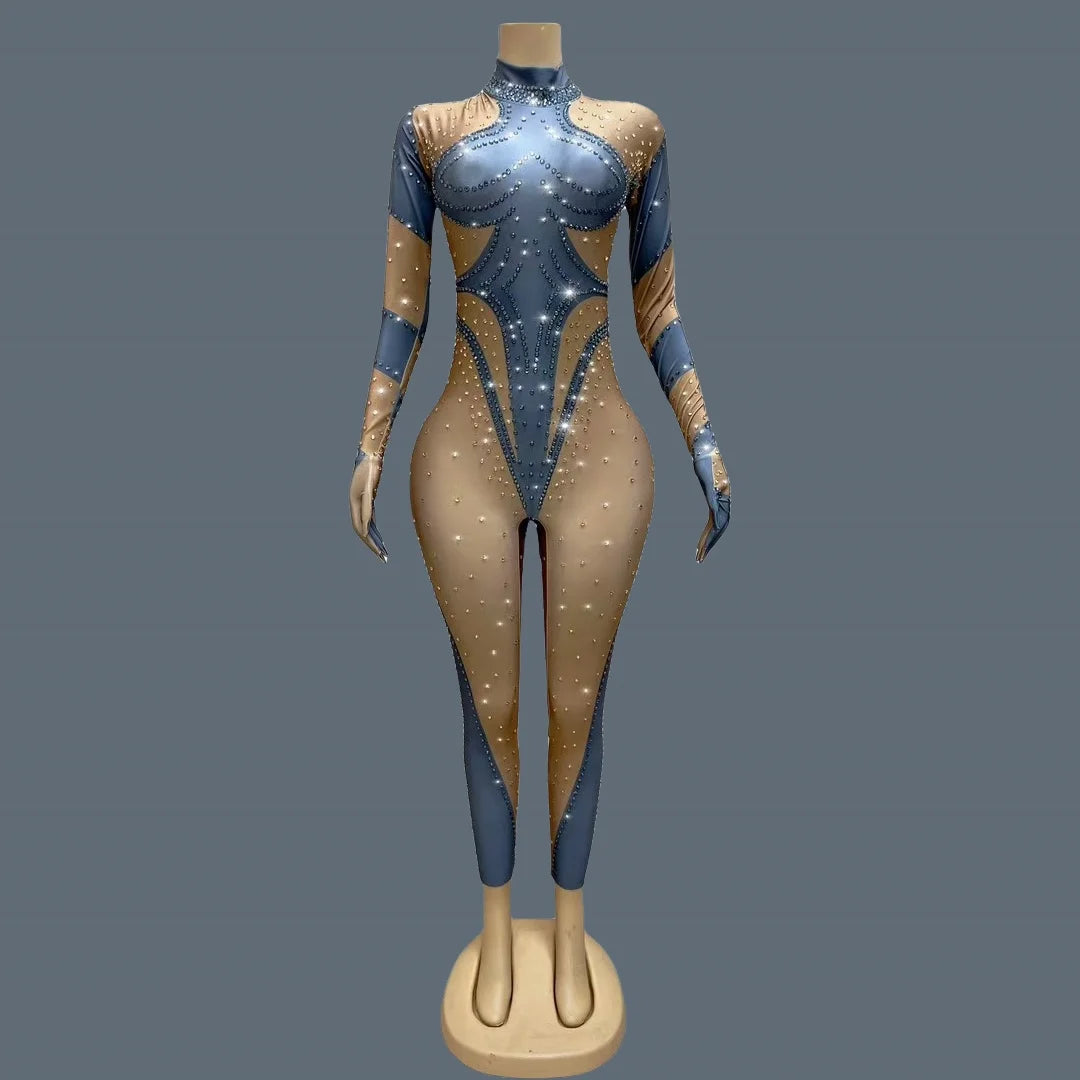 Sparkly Rhinestones Jumpsuit Gloves for Women Sexy Stretchy Performance Dance Costume Nightclub Jumpsuit Show Stage Wear Dudou