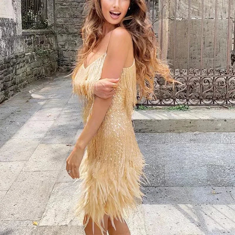 Sexy Women's Fringed Sequin Feather Stitching Dress Summer Slim V-Neck Off Shoulder Dresses Female Backless Slip Mini Robe Gold LYQ63