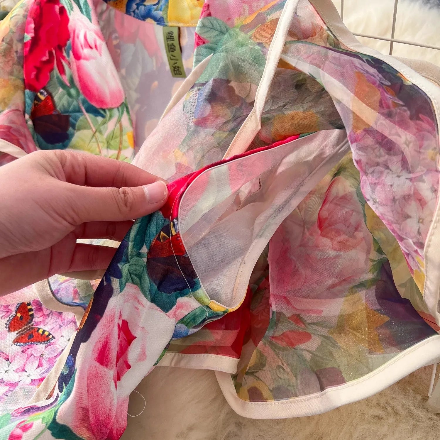 Summer Bohemian Gorgeous Flower Long Dress Women V-Neck Layer Mesh Sleeve Floral Print Bandage Lace Up Robe Vestidos Clothes