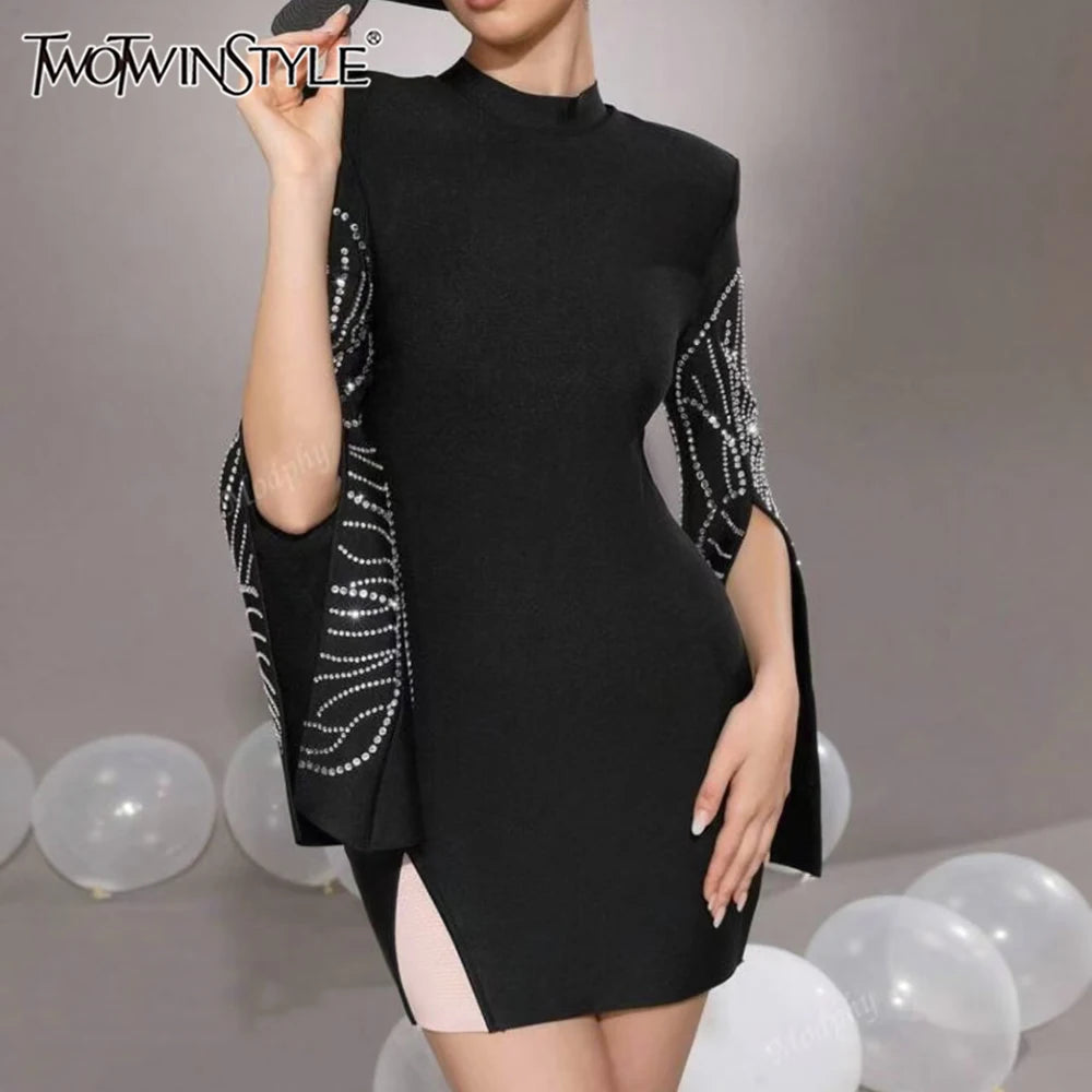 TWOTWINSTYLE Solid Slimming Temperament Dresses for Women Round Neck Long Sleeves Patchwork Diamonds Dress Female Clothing New