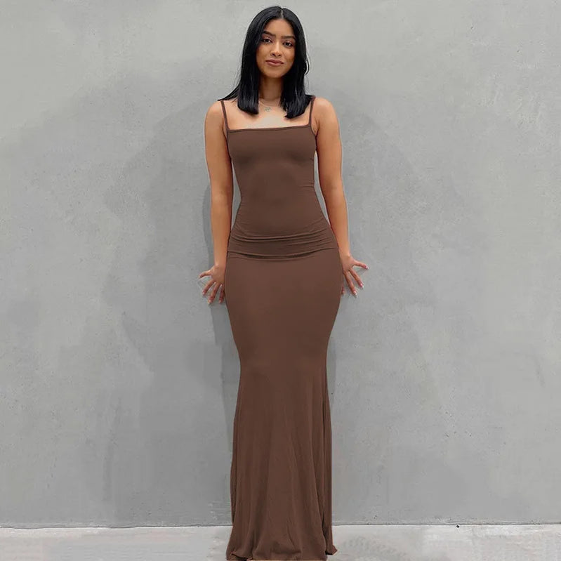 Satin Slip Sleeveless Backless Maxi Dress Women Y2K Summer Bodycon Elegant Sexy Outfits Ladies Birthday Party Club Sundress Brown