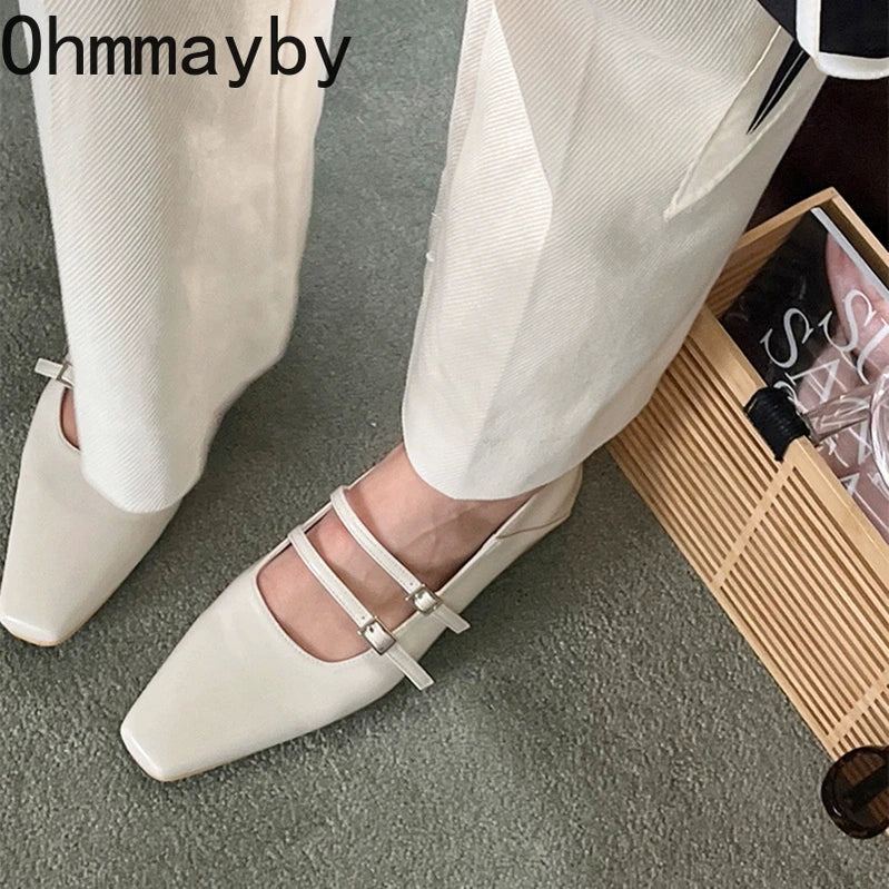 Spring Designer Women Ballet Flats Fashion Elegant Square Toe Slip On Shoes Ladies Comfort Soft Sole Leather Single Shoes