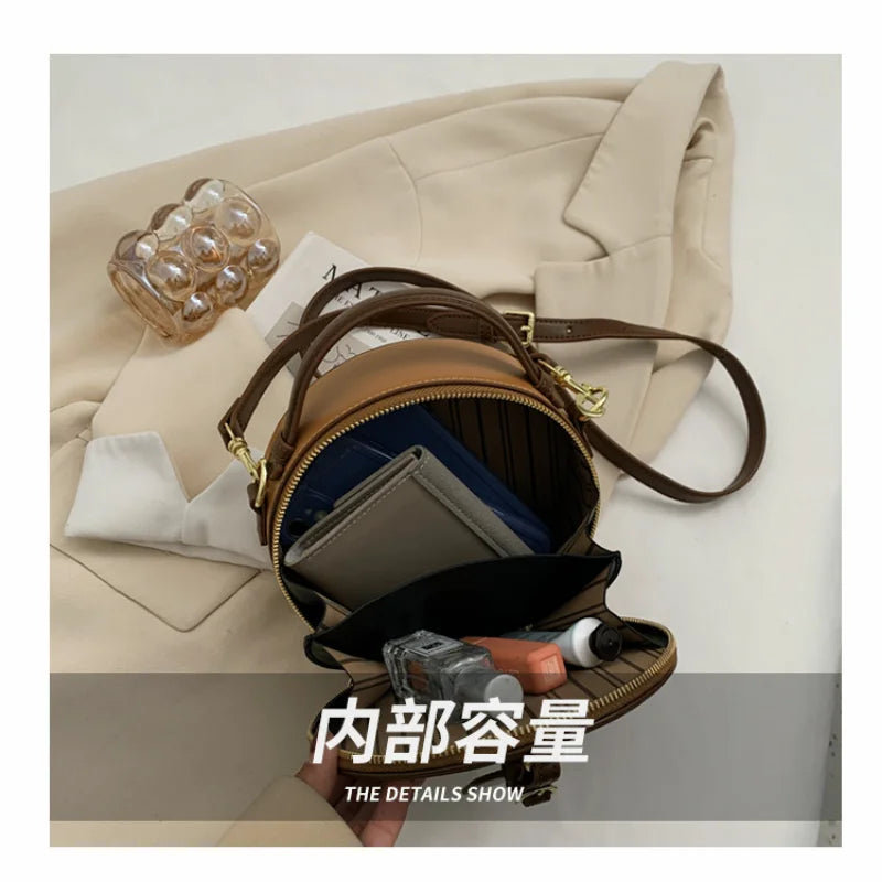 Brand Designer PU Leather Women's Handbag Retro Lock Crossbody Bag Round Tote