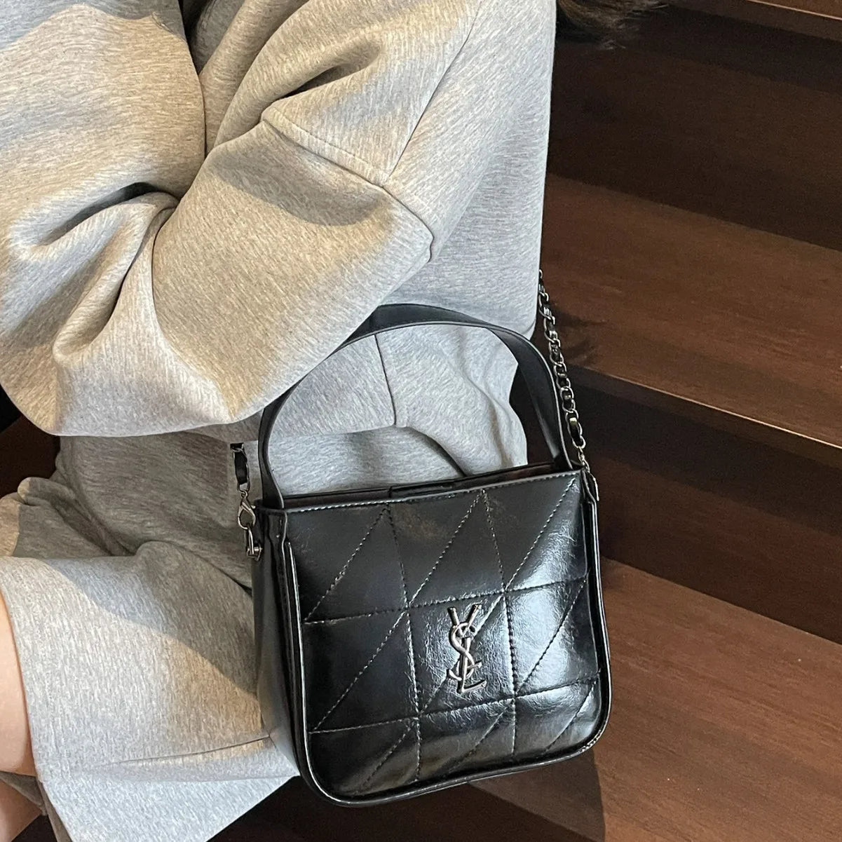 Quilted Leather Crossbody Bag - 90s Vintage Shoulder Purse for Women, Designer Luxury Small Handbag with Chain