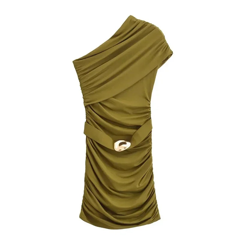 Sexy One-shoulder Pleat Short Dress Women Solid Skew-collar Metal Button Hip-package Dresses 2025 Summer Party Club Vestidos