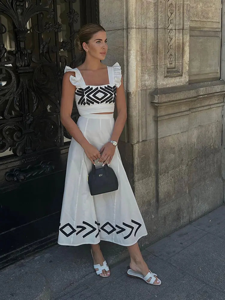 Fashion Sleeveless Short Top Skirt Set For Women Slim High Waisted Pattern Female Skirts Suit Casual Beach Holidays Prom Gowns