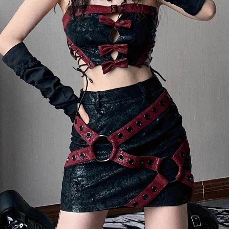Spring Summer Cool Red and Black Patchwork Pu Leather Mini Skirt Women High Waist Short Luxury Designer Y2K Clothes 2023